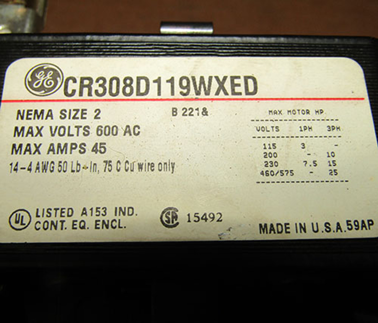 General Electric CR308D119WXED Size 2 Magnetic Starter 45A 120V Coil 3PH - Used