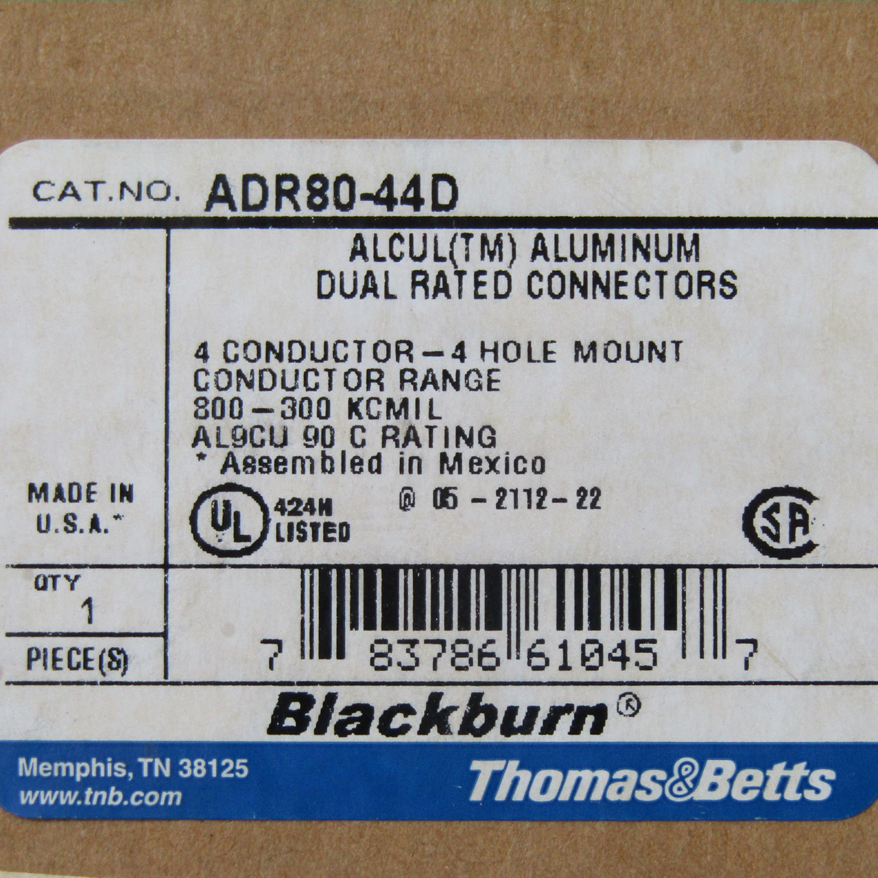 Thomas & Betts  ADR80-44D 4 Conductor, 4 Hole Mount, Aluminum, Dual Rated Connector- New