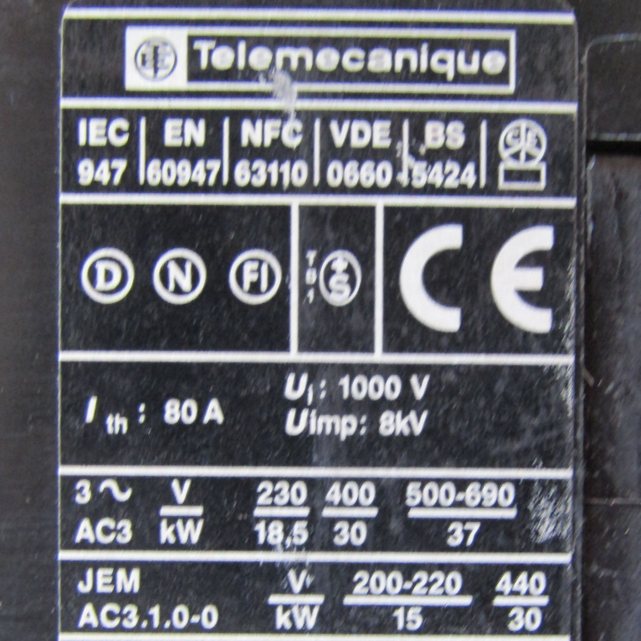 Telemecanique LC1D6511 Contactor 3 Pole 65 Amp 600VAC  - Used