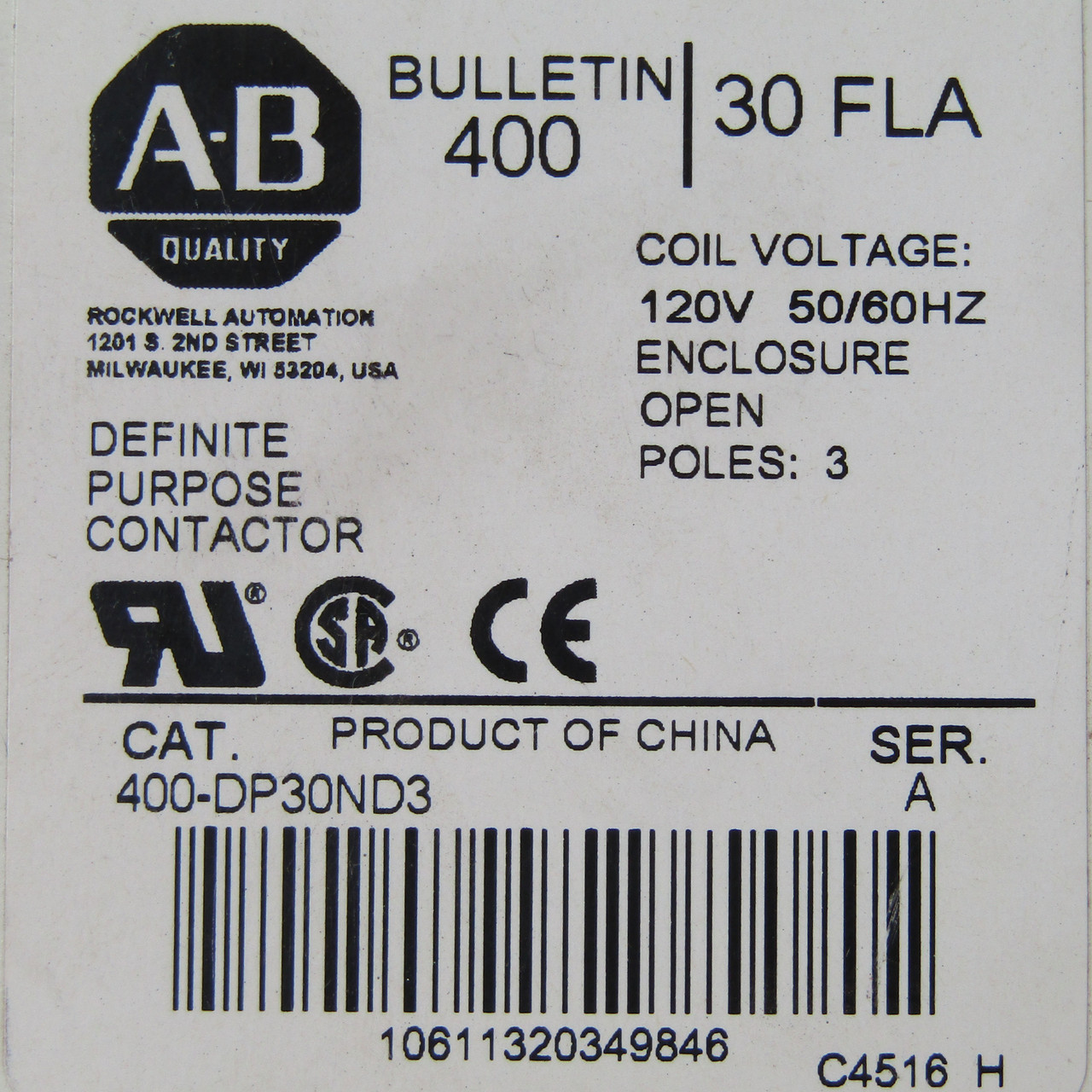 Allen-Bradley 400-DP30ND3 Definite Purpose Contactor 3 Pole 30 Amp 120V Coil - New