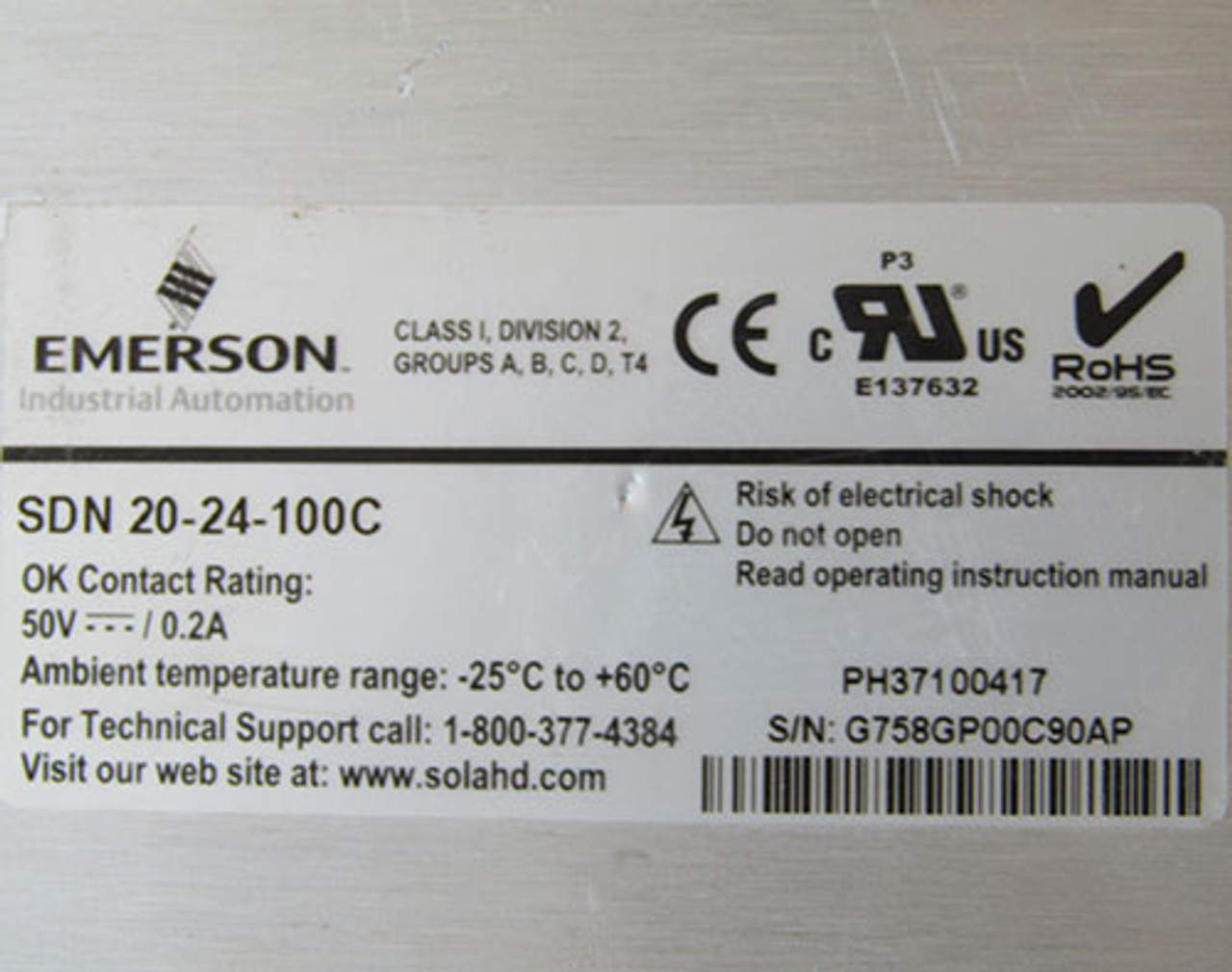 Emerson Sola SDN 20-24-100C Power Supply  20 Amp 24 VDC - Used