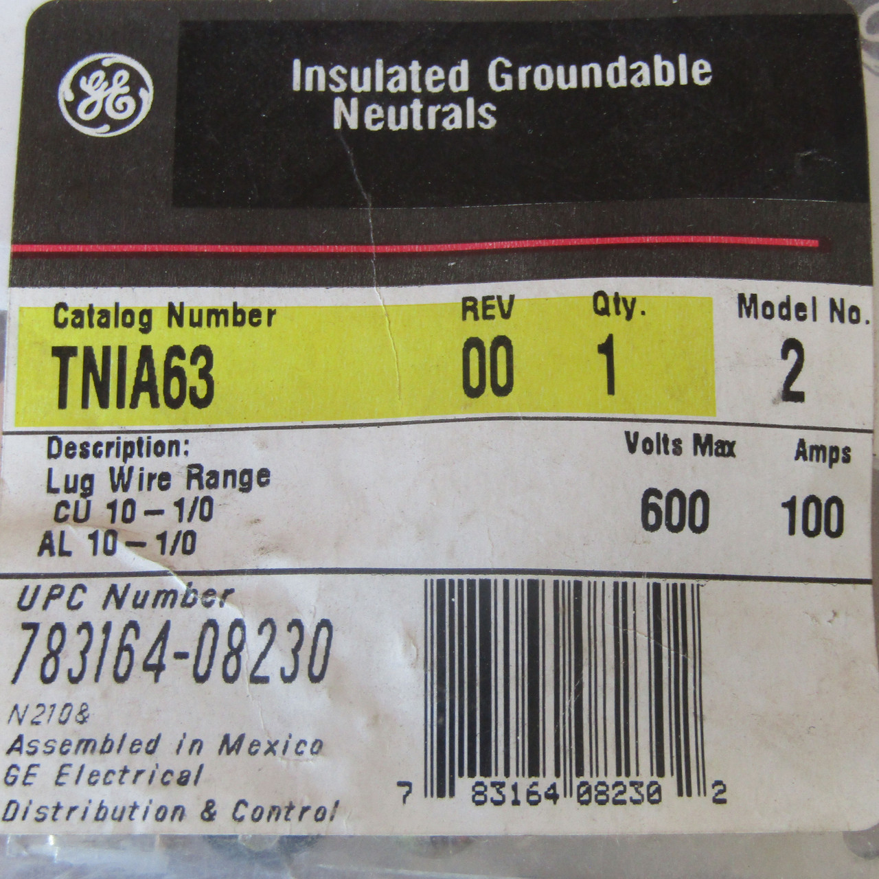 General Electric Insulated Groundable Neutrals TNIA63, 100 Amp, 600V Max, Model No. 2, New  