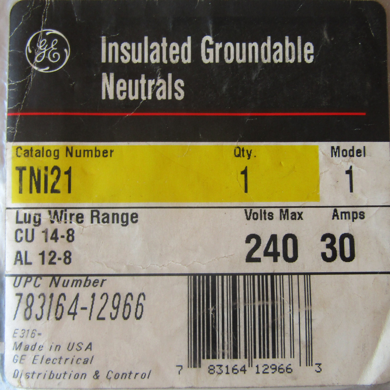 General Electric Insulated Groundable Neutrals TNI21, 30 Amp, 240V Max, Model No. 1 - New  