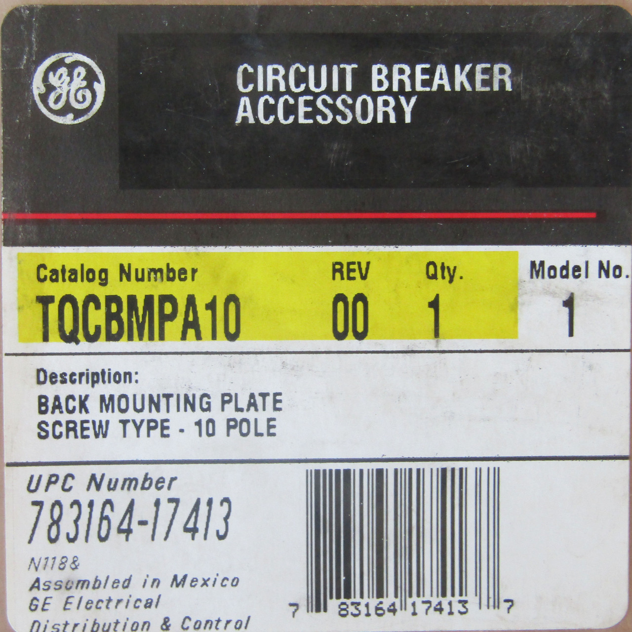 General Electric TQCBMPA10  Back Mounting Plate, Screw Type -10 Pole, Model No. 1 - New