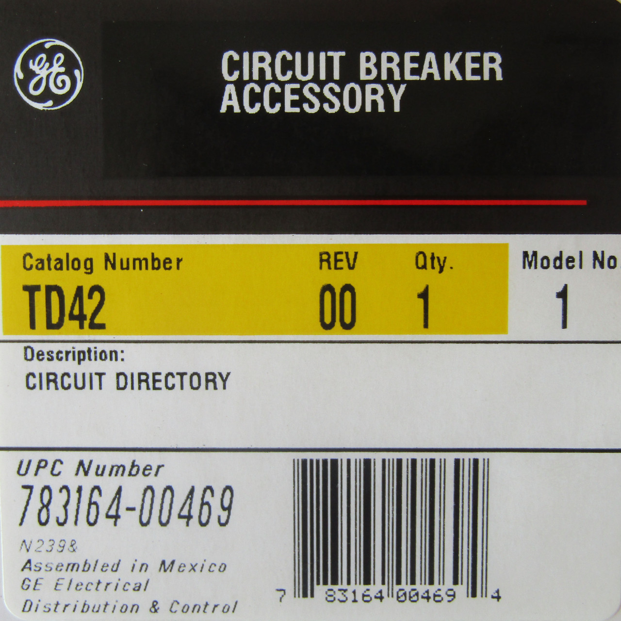General Electric TD42 Circuit Directory, Model No. 1 - New