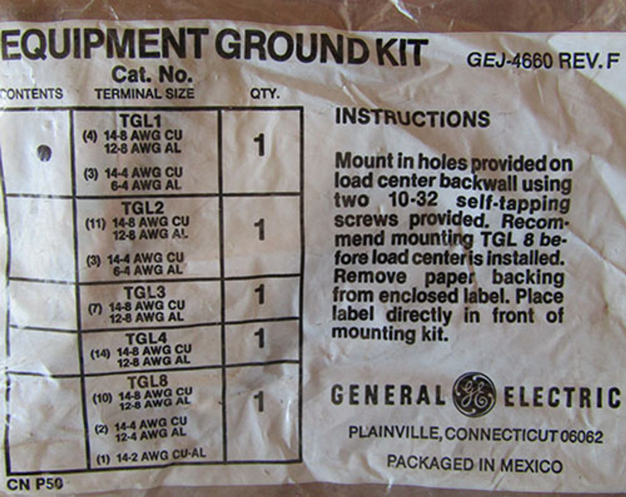 20Pc General Electric TGL1 Equipment Ground Kit - New