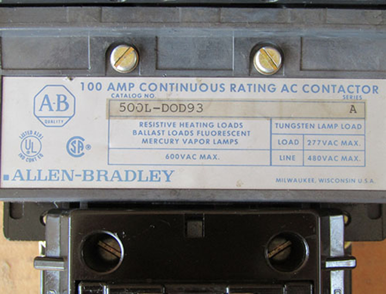Allen-Bradley 500L-DOD93 100 Amp AC Contactor Series A- Used