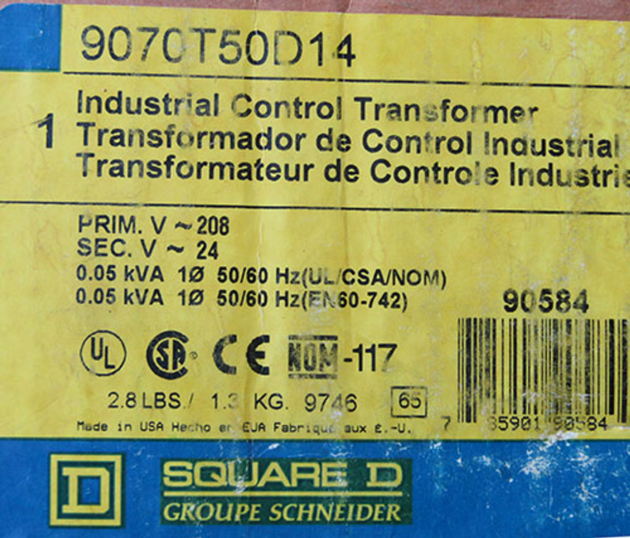 Square D 9070T50D14 0.05 KVA 208V to 24V 1Ph Industrial Control Transformer - New