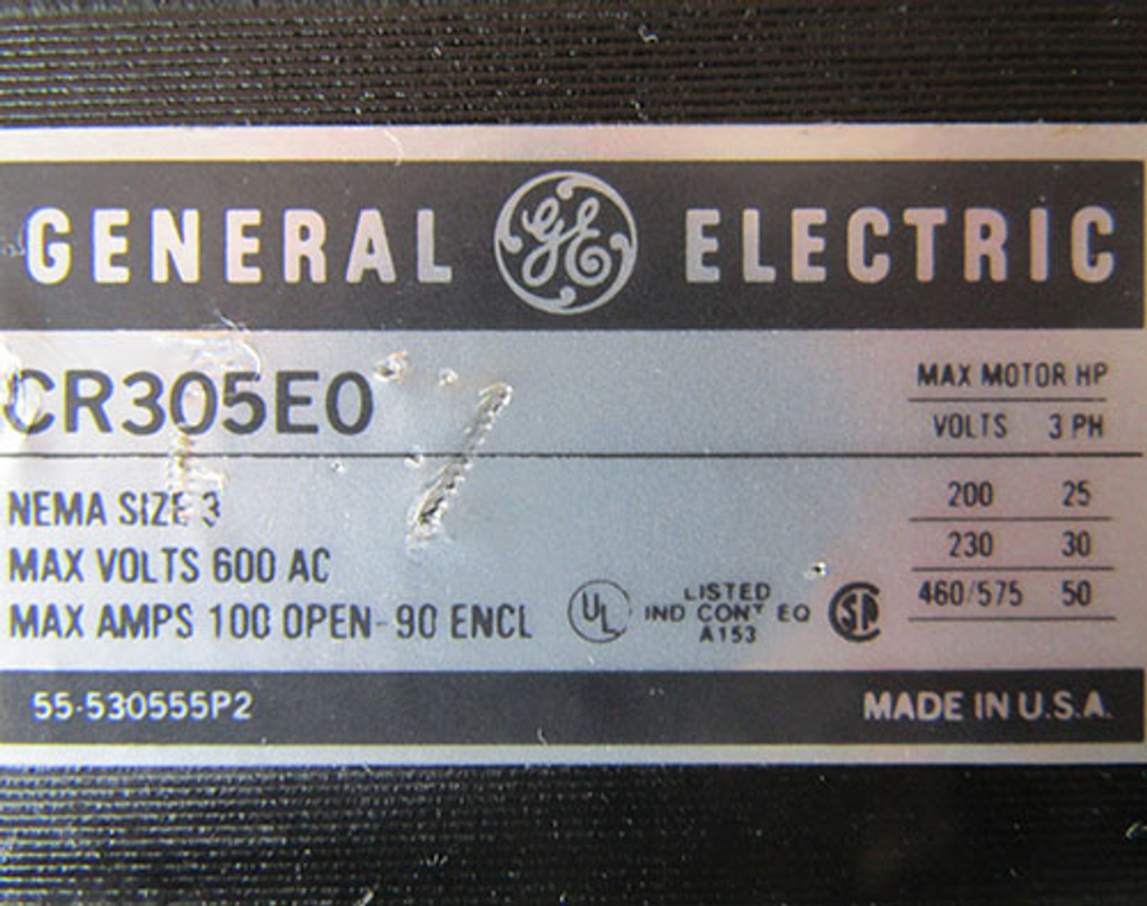 GE CR305E0 Magnetic Contactor Size 3 3 Phase 100A 400-480V Coil Open