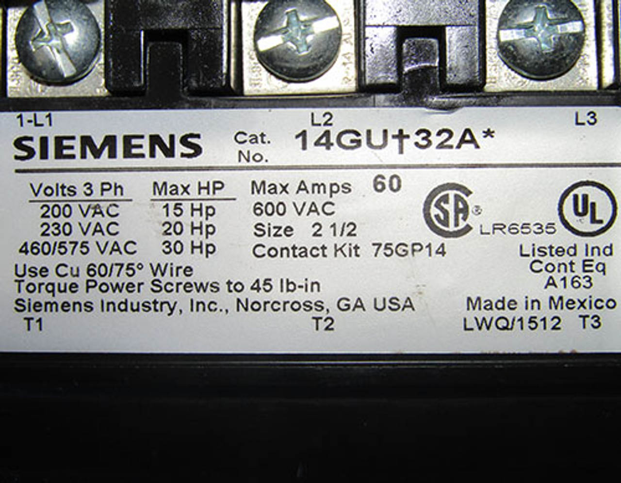 Siemens 14GU+32A* Size 2-1/2 Contactor 60A 600VAC 120V Coil - Used