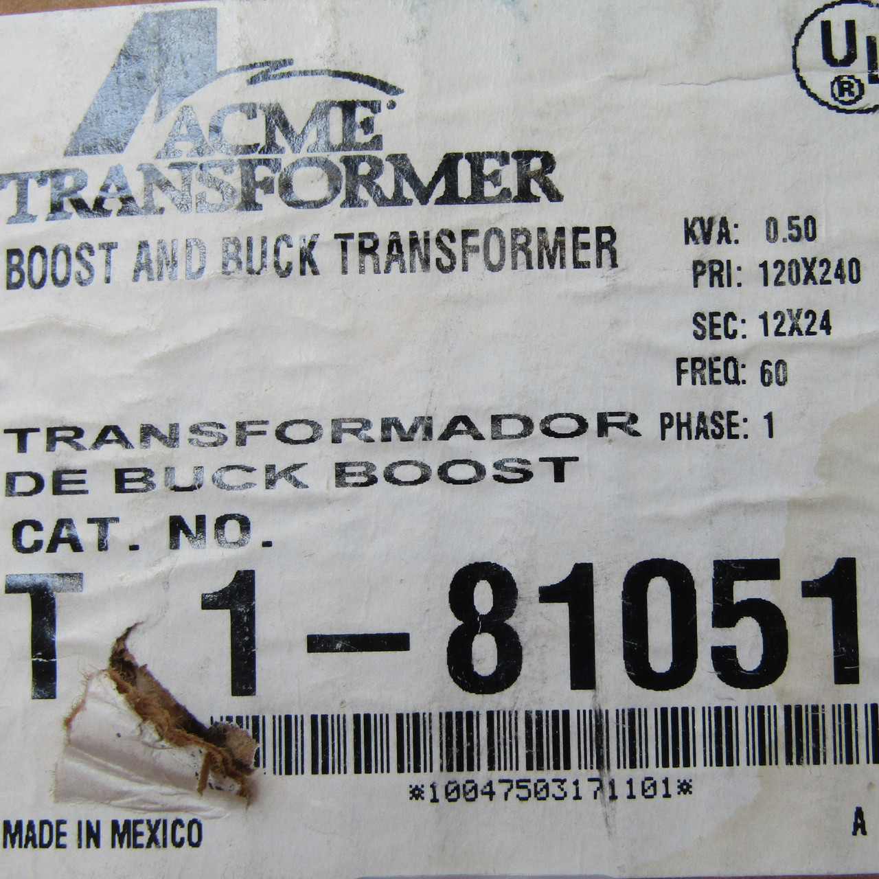 Acme T1-81051 .50 KVA 120x240 to 12/24V 1PH Boost & Buck Transformer - New