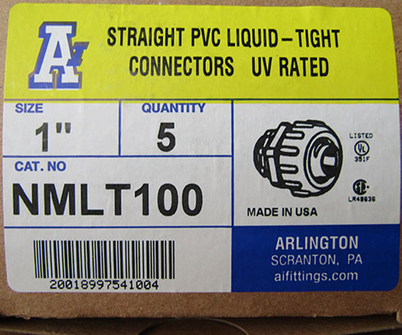 Arlington NMLT100 1" Straight PVC Liquid-Tight Connectors UV Rated (Box of 5) - New