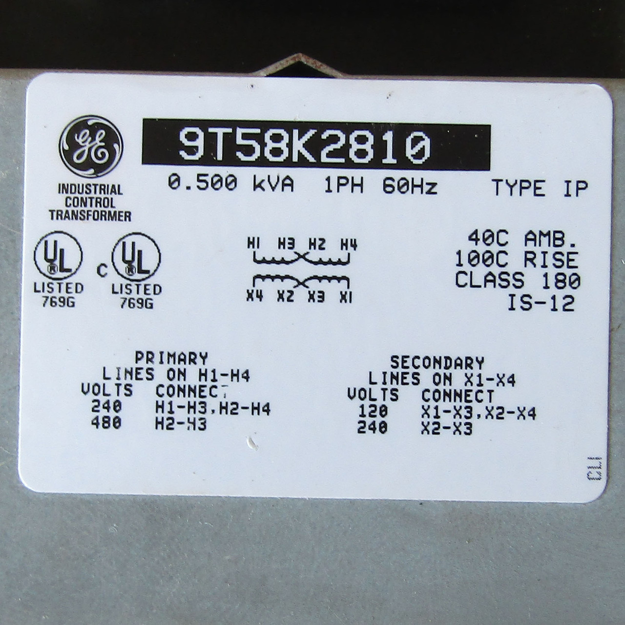 GE 9T58K2810- 0.50 KVA 240/480 to 120/240 Volt 1PH Transformer - Used