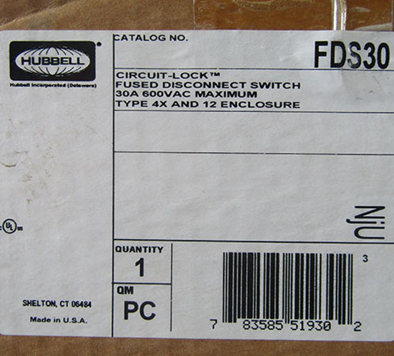 Hubbell FDS30 Circuit-Lock Fused Disconnect Switch 30A 600V Nema 4X/12 - New