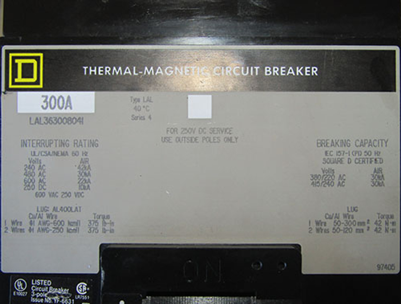 Square D LAL36300-8041 3 Pole 300 Amp 600V Ctrl Term Circuit Breaker - Used