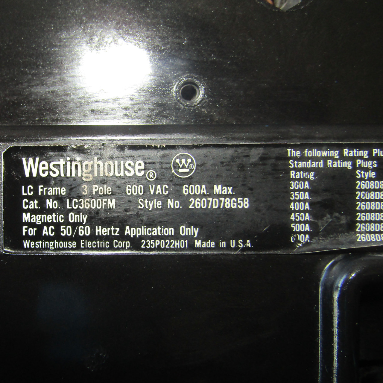 Westinghouse LC3600FM 3 Pole 600 Amp Max 600VAC  Circuit Breaker - Used