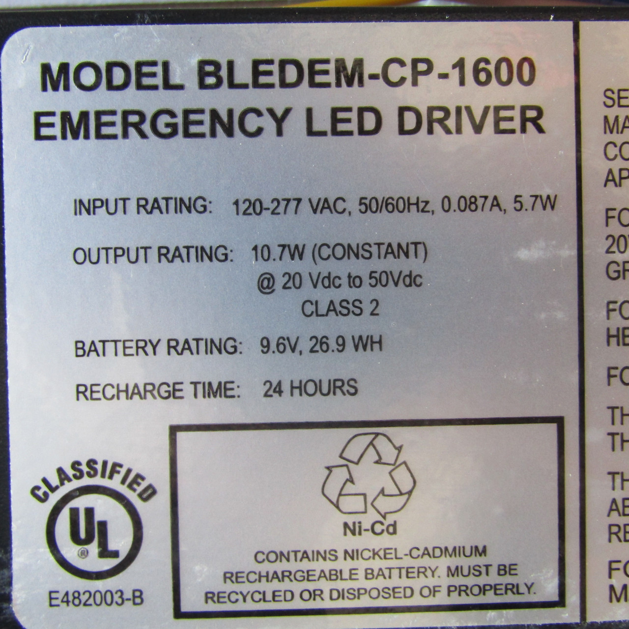 Trace Lite BLEDEM-CP-1600 10.7W Emergency LED Driver 120-277VAC- New