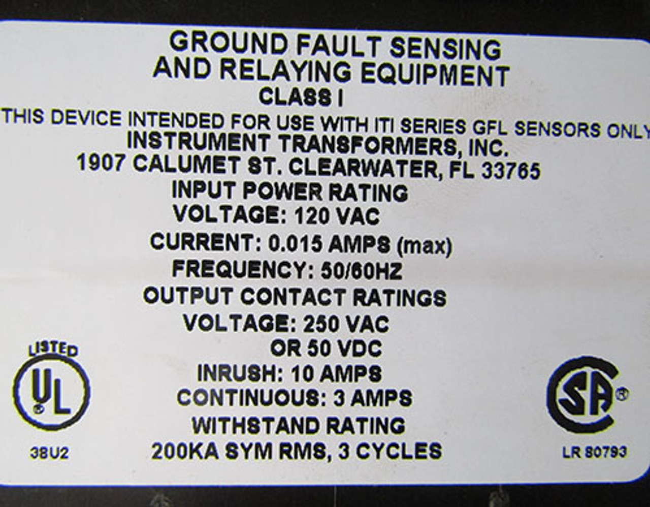 ITI BGFL157-60 Ground Fault Relay 120VAC 0.015 Amps Max -  Used