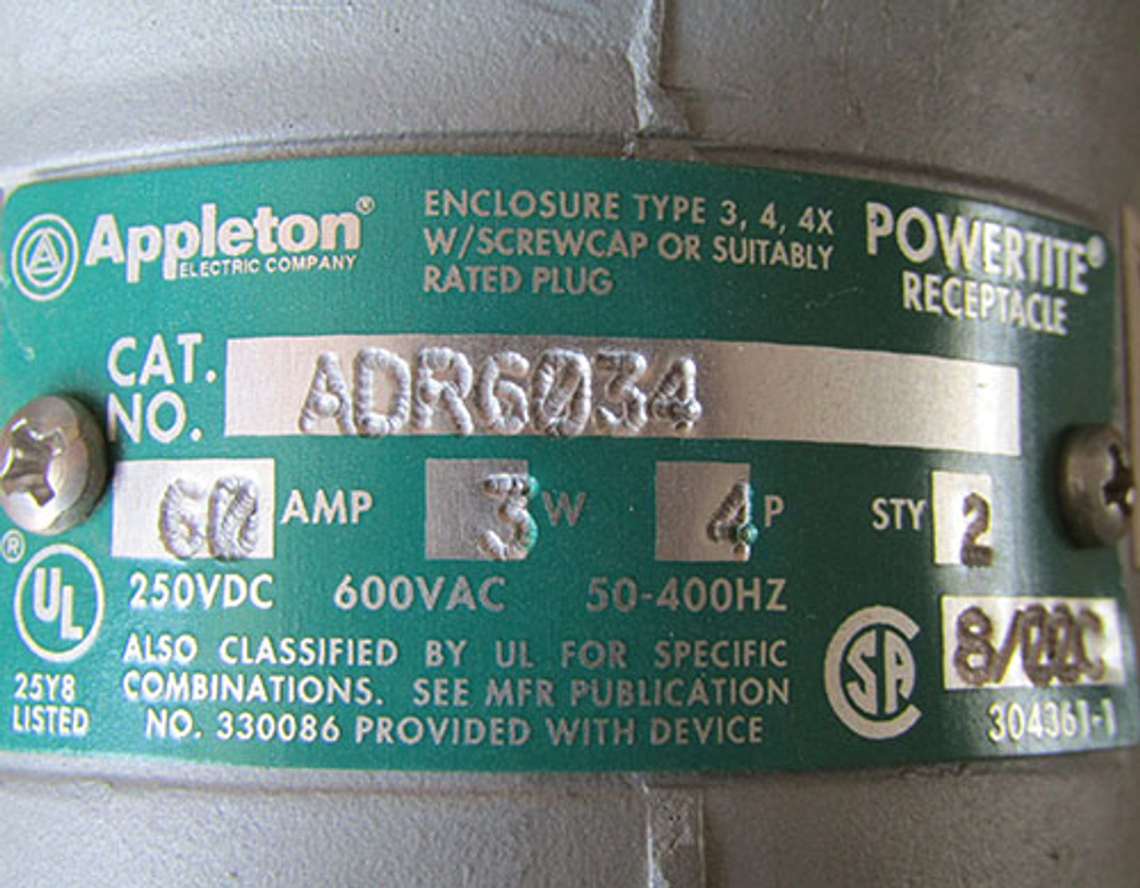 * Pre owned Appleton ADR6034 powertite Récipient 60AMP 250 Volts Courant Continu 3 W 4P Garantie * 