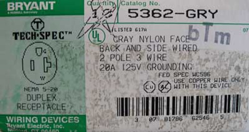 2 Pc. Bryant 5362-GRY 2 Pole 3 Wire 20 Amp 125V Duplex Receptacle - New