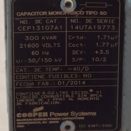 Cooper Power Systems CEP13107A1 300 KVAR 21600V Capacitor - New