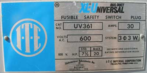 ITE Gould UV 361 Fusible Busduct Switch 30A 600V 3 Pole 3 Wire - Used