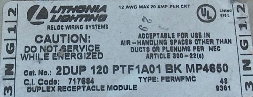 Lithonia 3NG12 2DUP 120 PTF1A01 BKMP4650 12 AWG 20A Duplex Receptacle Module