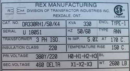 Rex Mfg DA330RH1/50/K4 330 KVA 380Y/220 to 460 Volts 3 PH Transformer - New