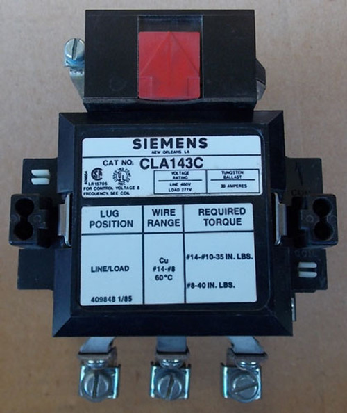 Siemens CLA143C 30A 3P 24V Coil Lighting Contactor - Used