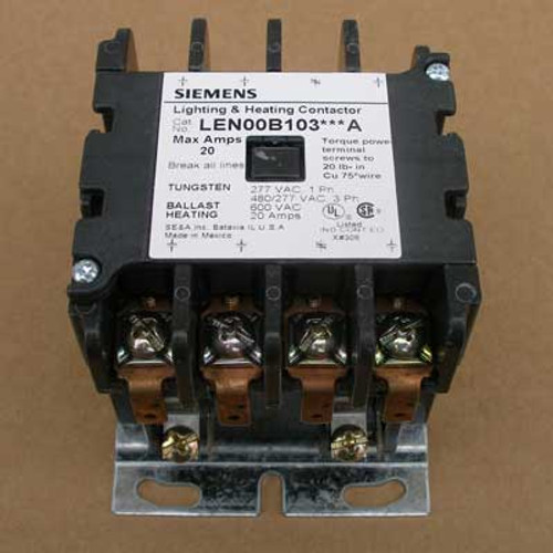 Siemens LEN00B103480A 20 Amp 480V 4 Pole Lighting Contactor Open