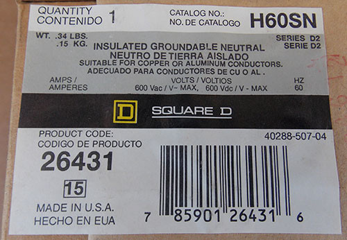 Square D H60SN Insulated Groundable Neutral Assembly 60A 600V - New In Box