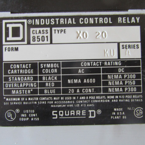 Square D 8501 X020 Industrial Control Relay 20A Series A - Used