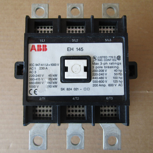 ABB EH-145 Motor Contactor 200 Amp 600V 125HP 24V-DC Coil 3PH 3P 200A EH145 