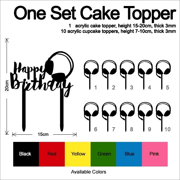 TC0251 Happy Birthday Headphone Party Wedding Birthday Acrylic Cake
