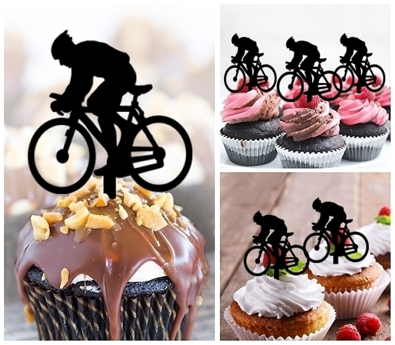 Ta0067 Bicycle Sport Silhouette Party Wedding Birthday Acrylic Cupcake Toppers Decor 10 Pcs