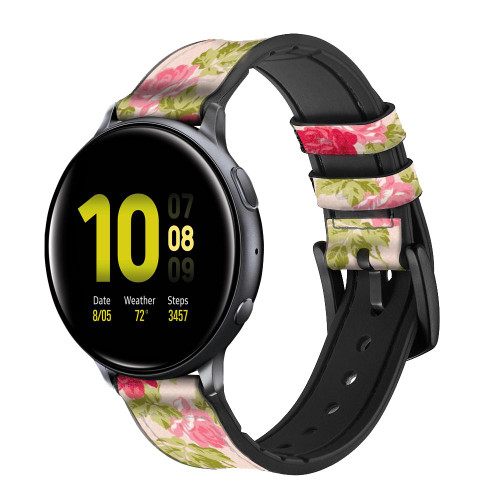CA0549 Pretty Rose Cottage Flora Leather & Silicone Smart Watch Band Strap For Samsung Galaxy Watch, Gear, Active