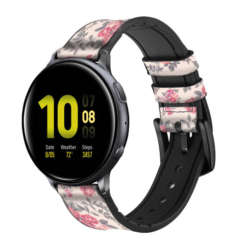 CA0575 Vintage Rose Pattern Leather & Silicone Smart Watch Band Strap For Samsung Galaxy Watch, Gear, Active