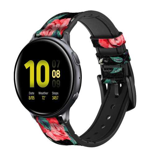 CA0580 Rose Floral Pattern Black Leather & Silicone Smart Watch Band Strap For Samsung Galaxy Watch, Gear, Active