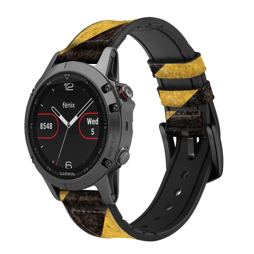 CA0250 Yellow and Black Line Hazard Striped Leather & Silicone Smart Watch Band Strap For Garmin Smartwatch