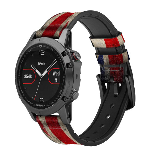 CA0489 Vintage British Flag Leather & Silicone Smart Watch Band Strap For Garmin Smartwatch