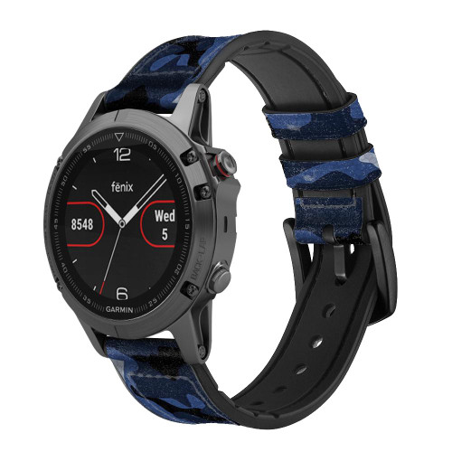 CA0527 Navy Blue Camo Camouflage Leather & Silicone Smart Watch Band Strap For Garmin Smartwatch