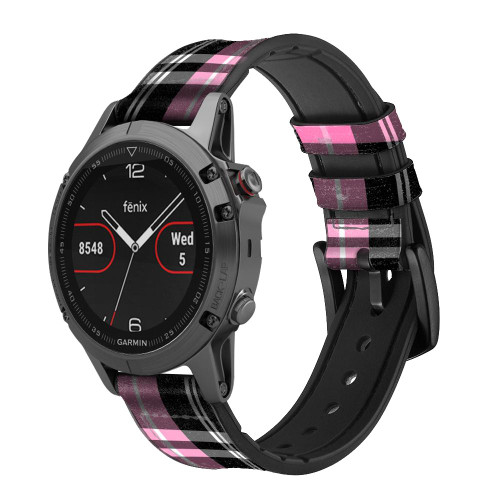 CA0573 Pink Plaid Pattern Leather & Silicone Smart Watch Band Strap For Garmin Smartwatch