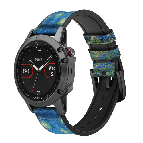 CA0664 Van Gogh Starry Night Over the Rhone Leather & Silicone Smart Watch Band Strap For Garmin Smartwatch
