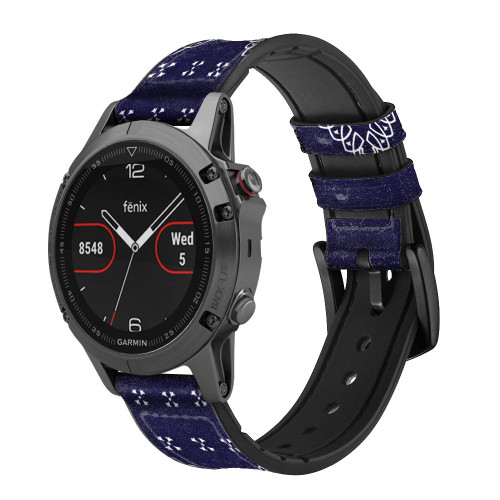 CA0670 Navy Blue Bandana Pattern Leather & Silicone Smart Watch Band Strap For Garmin Smartwatch