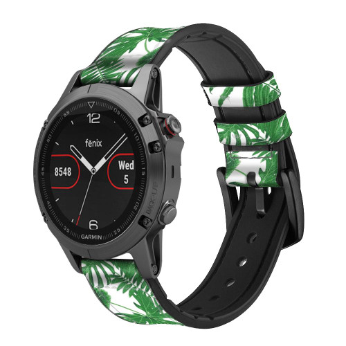CA0754 Paper Palm Monstera Leather & Silicone Smart Watch Band Strap For Garmin Smartwatch