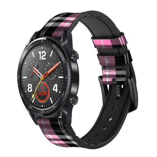 CA0573 Pink Plaid Pattern Leather & Silicone Smart Watch Band Strap For Wristwatch Smartwatch