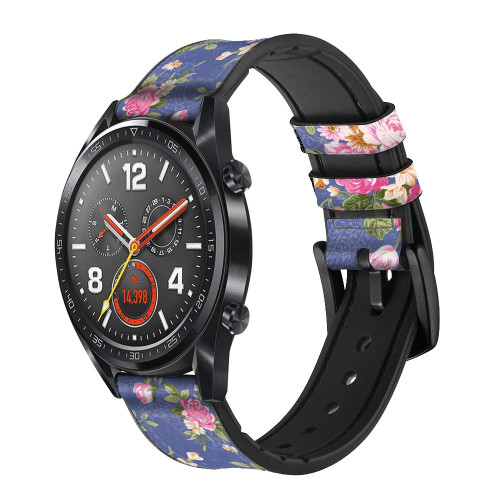 CA0644 Vintage Flower Pattern Leather & Silicone Smart Watch Band Strap For Wristwatch Smartwatch