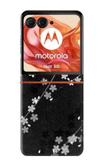 S2544 Japanese Kimono Style Black Flower Pattern Case For Motorola Razr 70,60,50, Razr (2026, 2025, 2024)