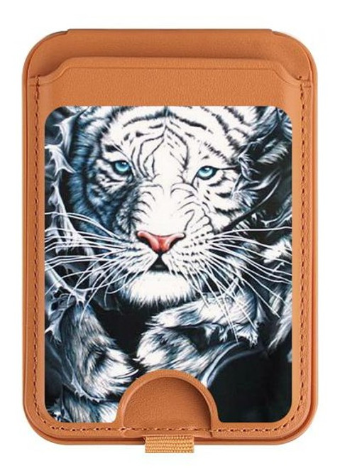 S0265 White Tiger Magnetic Card Holder Wallet Stand with MagSafe for iPhone 16 15 14 13 Pro Max