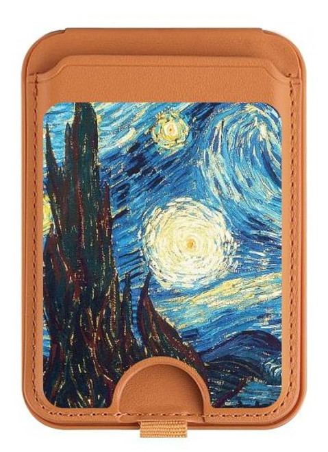 S0582 Van Gogh Starry Nights Magnetic Card Holder Wallet Stand with MagSafe for iPhone 16 15 14 13 Pro Max